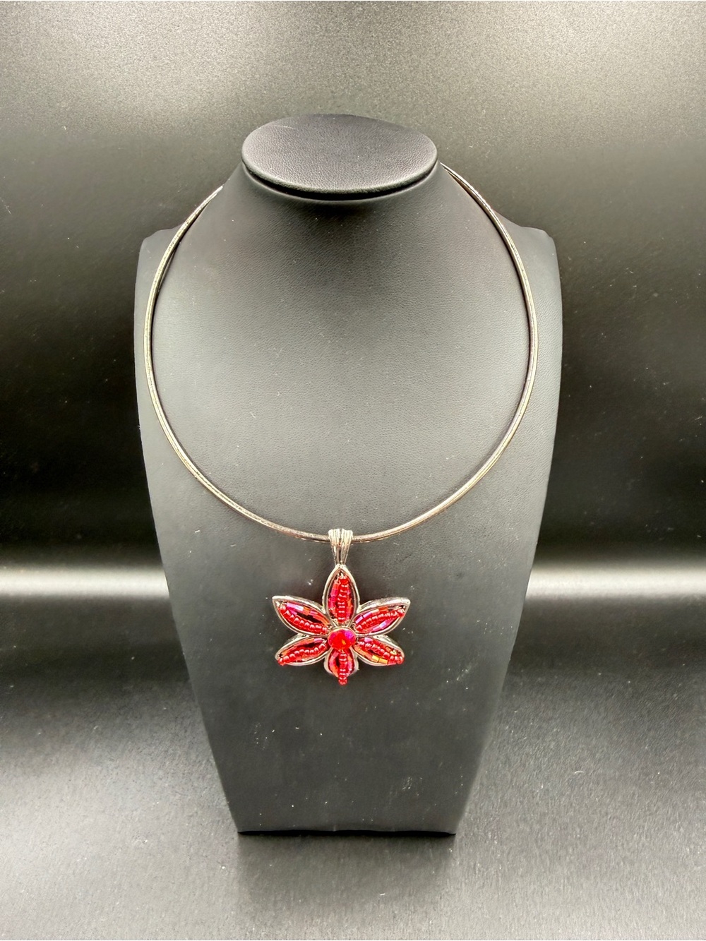 Silver Tone Collar Necklace with Red Beaded Flower Pendant